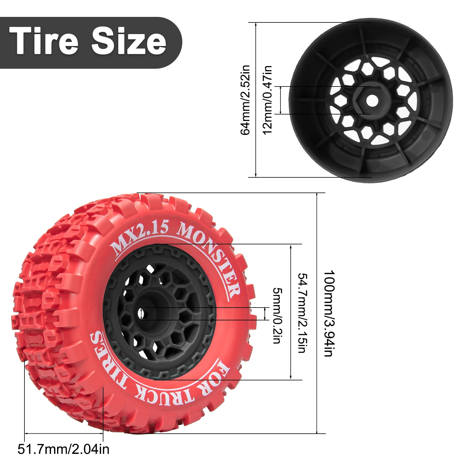 Okhl mx2.15 Polegada rc rodas aro pneus coloridos 4 pçs para neve lama terreno 1/14 1/16 rc monster truck 1/16 mini maxx acessórios