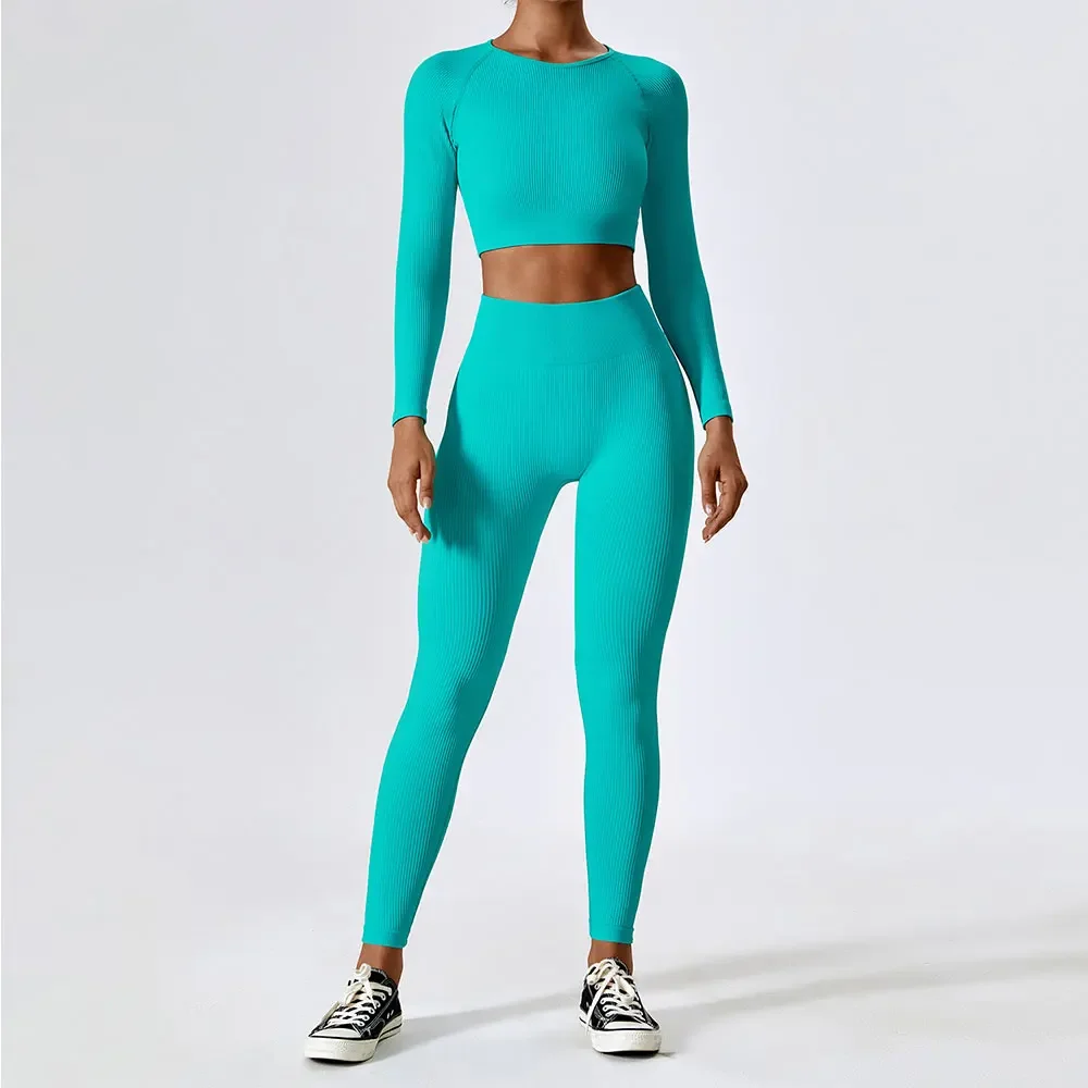 Ribbed Yoga Set Women Workout Sportswear Gym Clothing Fitness Long Sleeve Crop Top High Waist Leggings Sports Suits Tracksuit