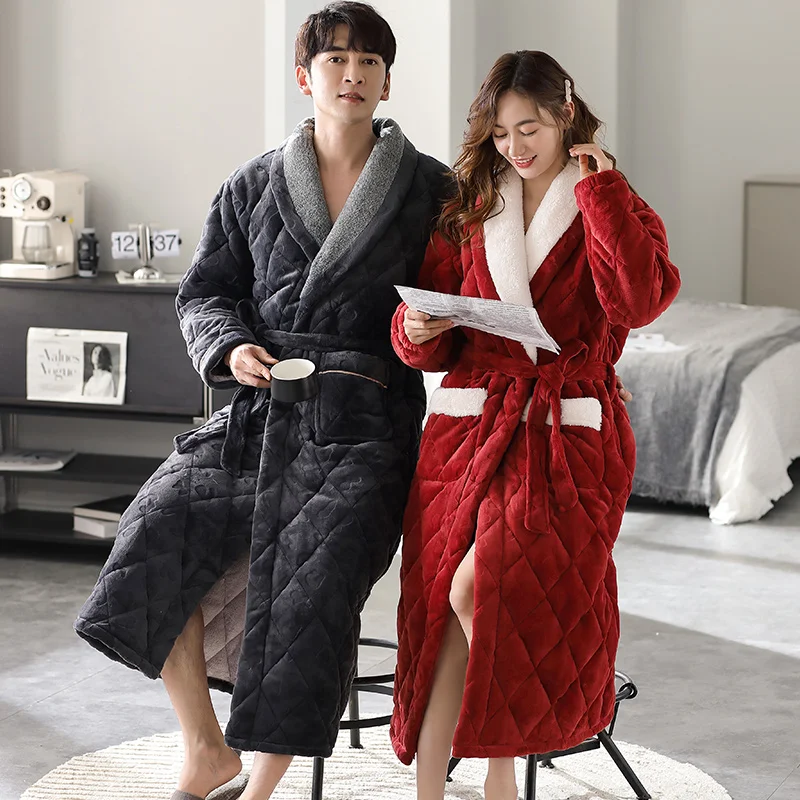High Quality Couple Robe Winter 3 Layer Clip Cotton Bathrobe Thick Pijamas Hombre Robes 3XL