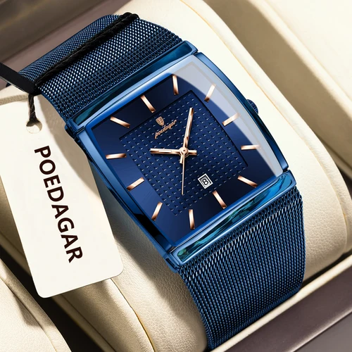 Imagen 2 del producto Reloj de pulsera POEDAGAR de lujo a la moda para hombre, reloj de pulsera luminoso resistente al agua con malla de acero inoxidable para hombre, relojes de negocios de cuarzo con fecha para hombre