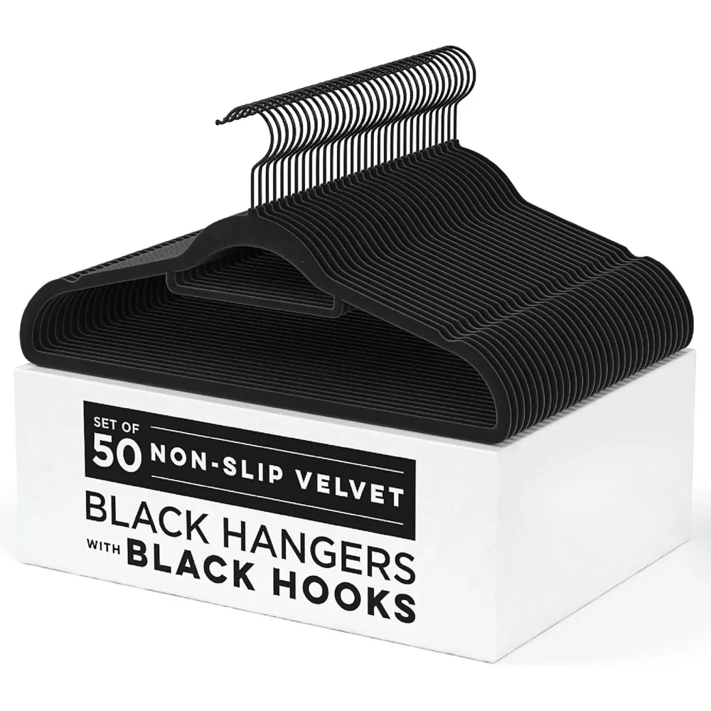 

Black Velvet Felt Non Slip Clothes Hangers 50 Pack - Ultra Slim & Space Saving - Heavy Duty Swivel Black Hook for Clothing