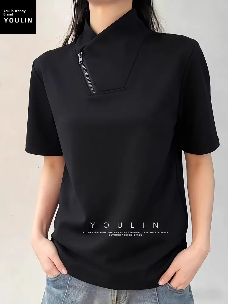 Bla American Sle Zipper ort Sve Men's T-irt Summer Design Heavyweight Stand Collar Cleanfit oulder Length f S...