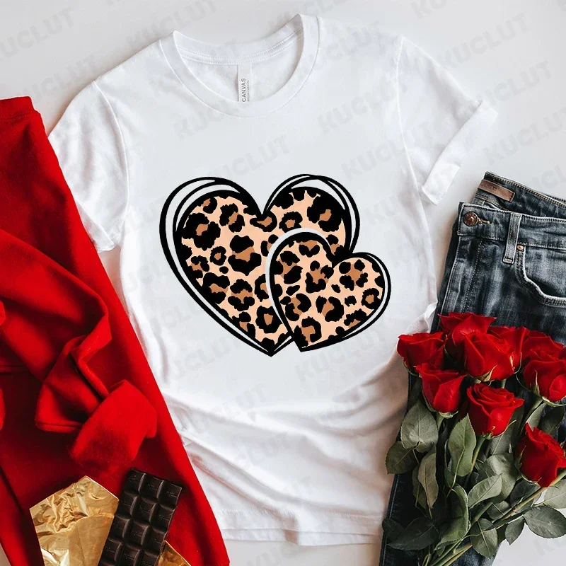 Summer New Fashion T-shirts Leopard Heartbeat Short Sleeve Print Clothing Women's T-Shirt Harajuku Graphic Clothing Women's Tops