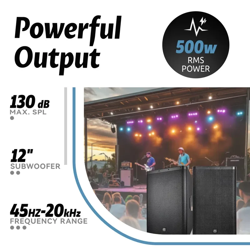 BOLRZO Accuracy Pro Audio CAU12ADA 500W RMS 12-inch Active Speaker Professional Audio Portable Durable Stereo Active Speaker