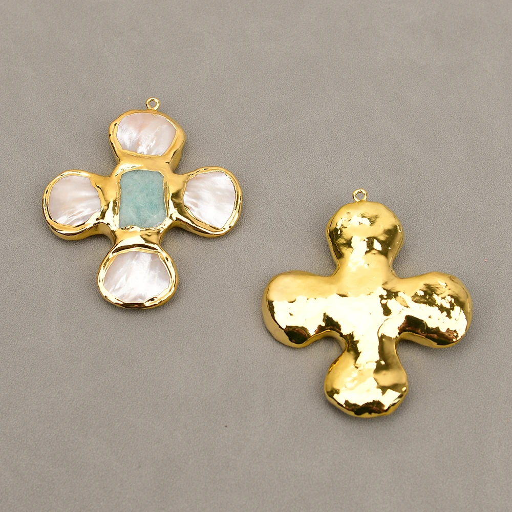 APDGG 2 Pcs 54x58mm White Sea Shell Green Amazonite Stone Charms Cross Pendant Free Shipping