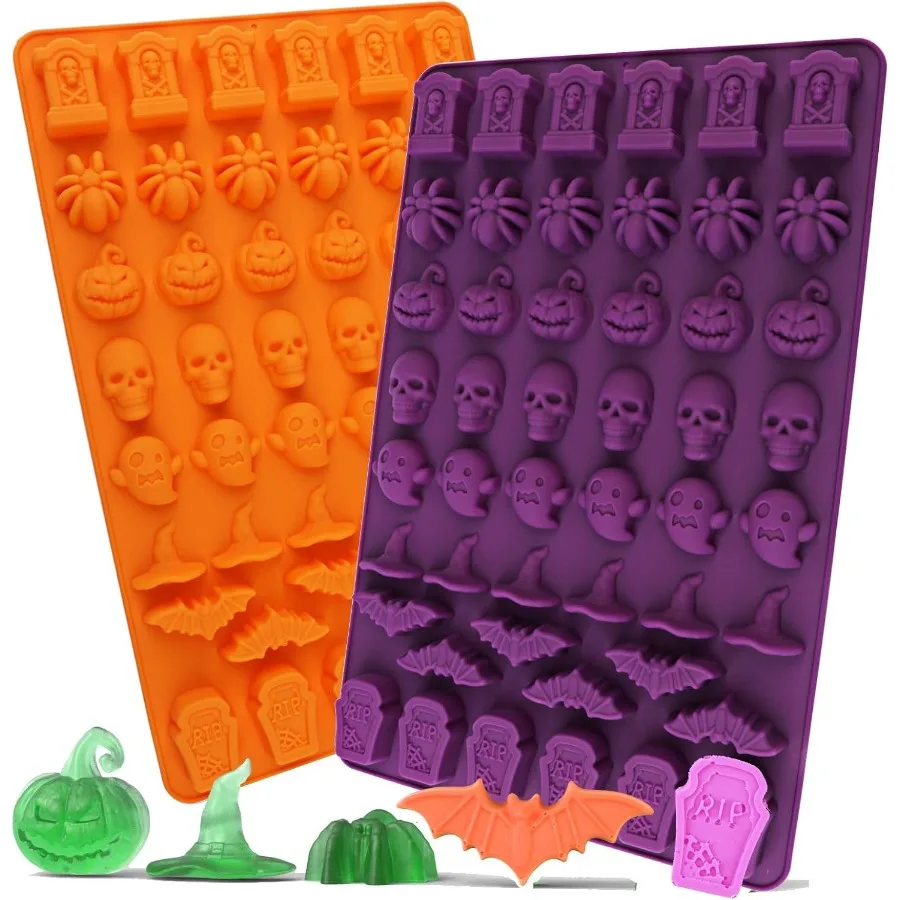 

Halloween Molds Silicone for Chocolate 2 Pack 3D Halloween Chocolate Candy Gummy Mold Skull Pumpkin Bat Ghost Witch Hat Spider