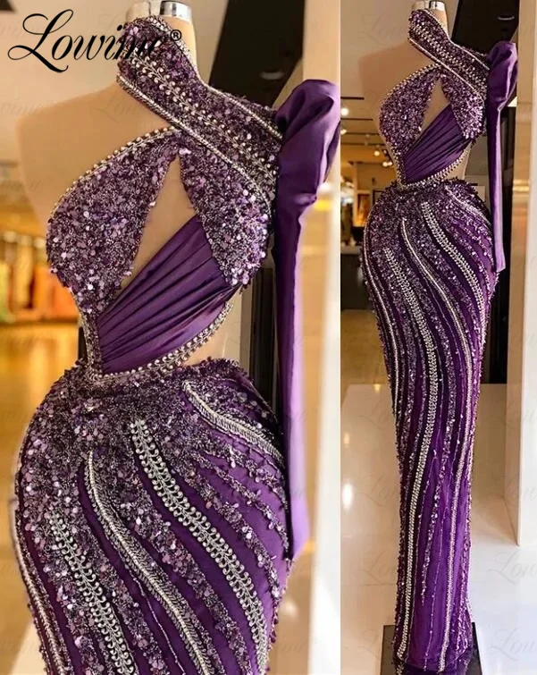 Arabic Purle One Shoulder Party Dress Beaded Sexy Long Mermaid Prom Dresses Custom Made Women Evening Gowns 2023 Crystals Robes