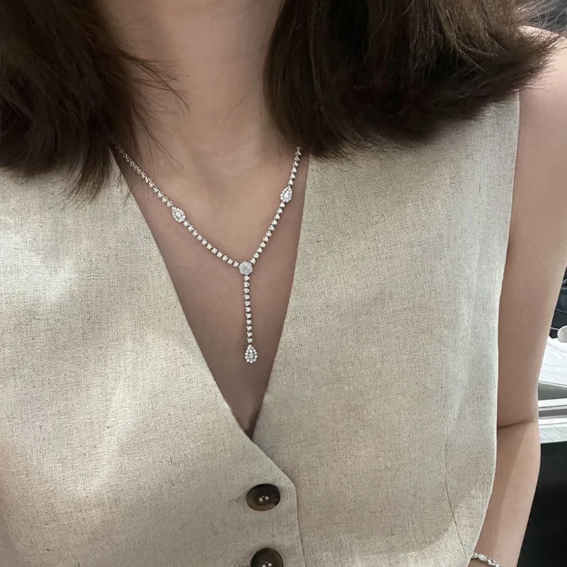 S925 Silver Necklace Two Wear Water Drop Tassel Necklace Y-shaped Fairy Diamond Collar Chain Necklace Jewelry