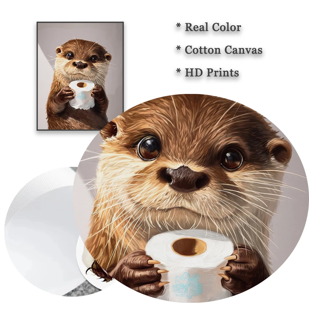 Bathroom Cute Animal Wall Art Poster Cute Otter Holding Toilet Paper Roll Oil Painting Prints Funny Canvas Painting Toilet Decor
