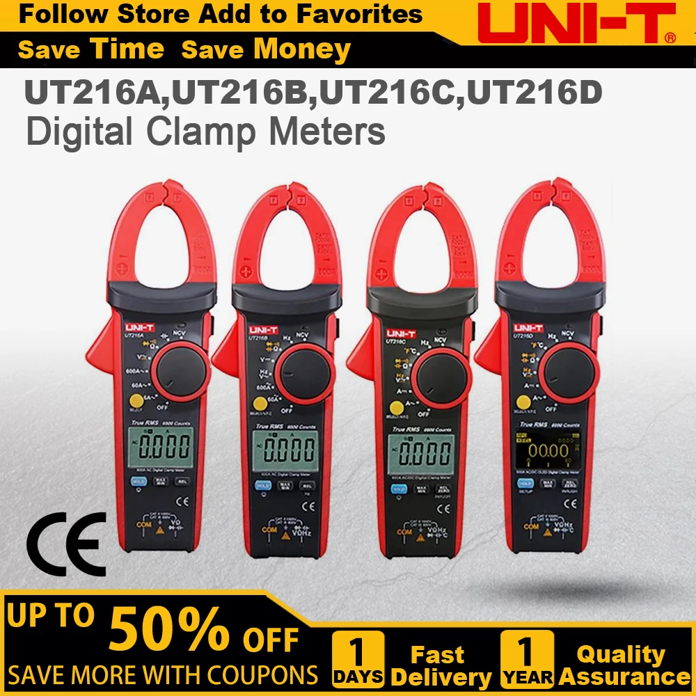 

UNI-T UT216A UT216B UT216C UT216D Series True RMS Digital Clamp Meter 600A MAX/MIN/Relative Modes NCV Flashlight VFC