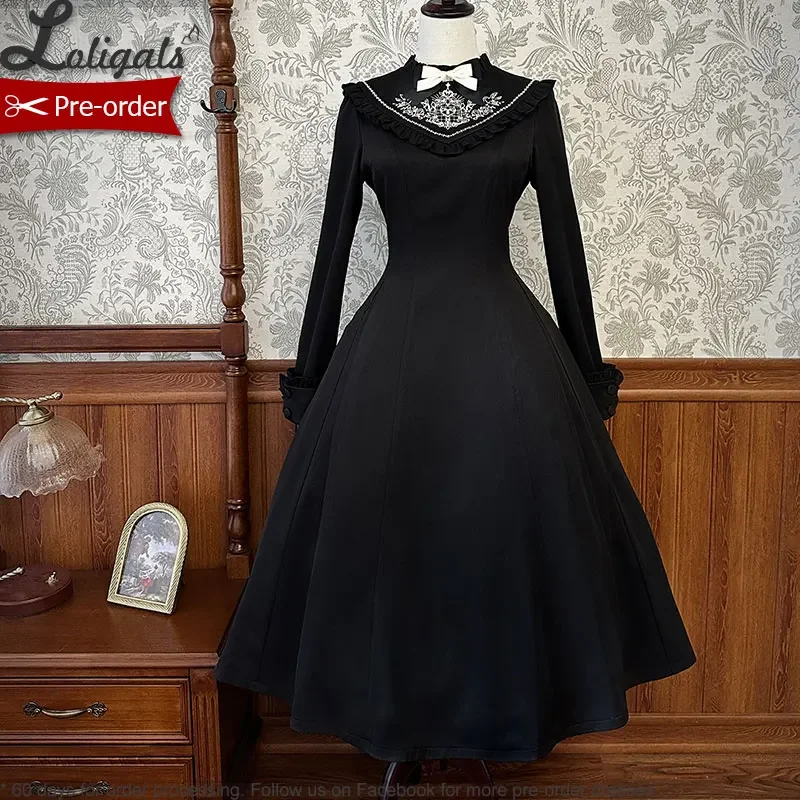 Cooles langes schwarz besticktes lolita kleid w. Cape von alice girl ~ vorbestellen