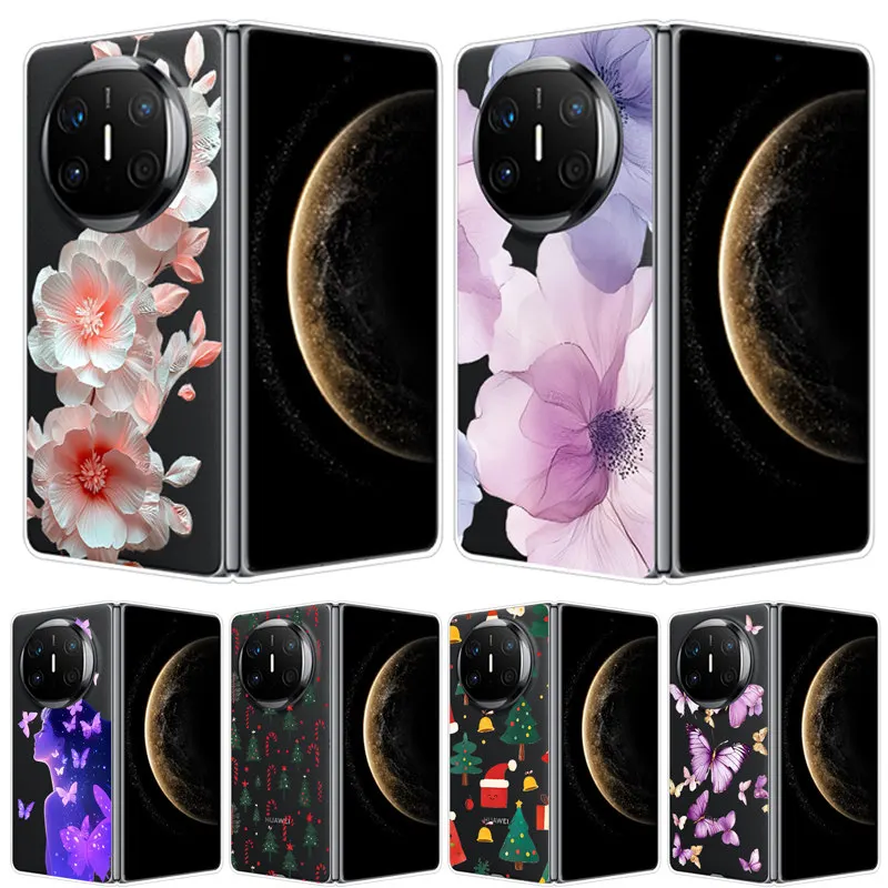 Para Huawei Mate X6 X5 X3 X2 cubierta plegable dura transparente exquisita pintada para Mate X6 X5 X3 X2 carcasa de flor de dibujos animados