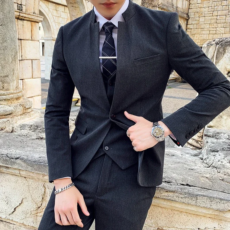 Men's Stand Collar One Button Coat Pants Vest Fashion Trend Groomsman Slim 3 Pieces Suits Blazers Jacket Trousers Waistcoat Set