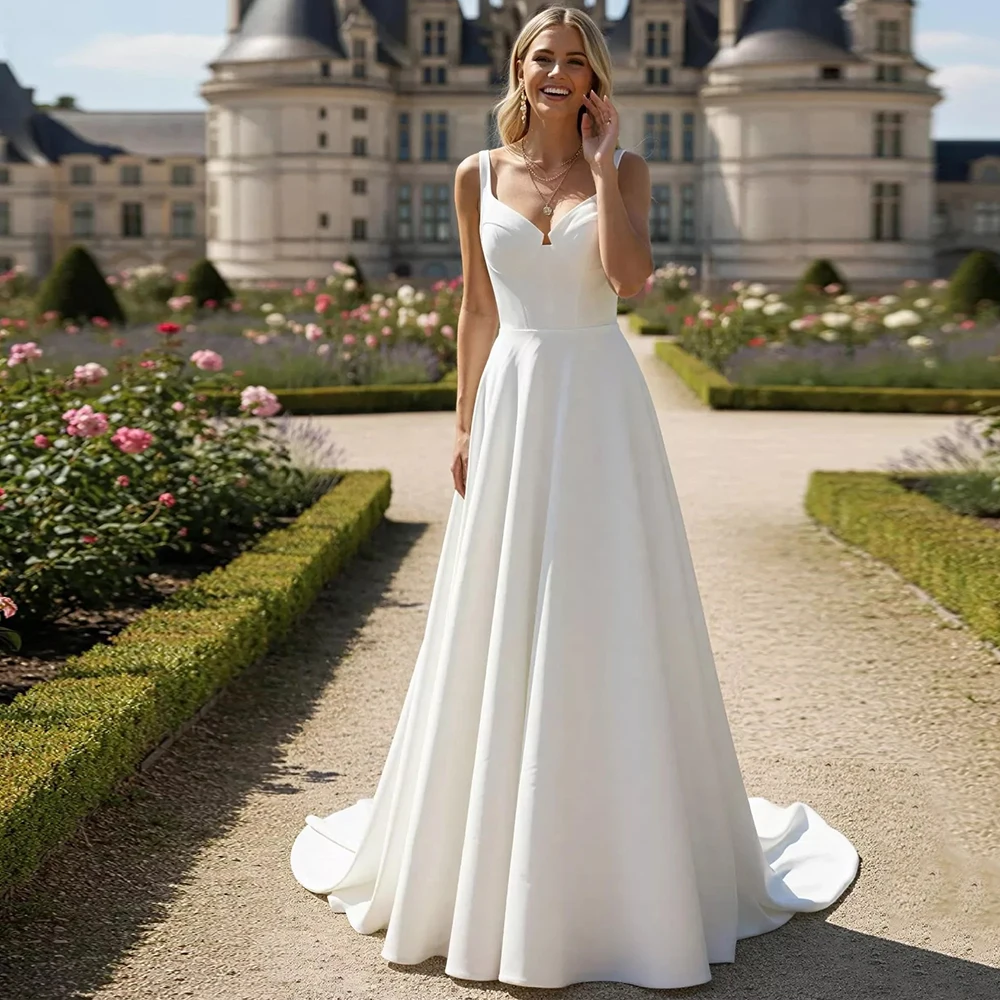 

Formal Women A-Line Jersey Wedding Dress Customized V-Neck Sleeveless Sweep Train Bridal Gowns High Quality Vestido De Novia