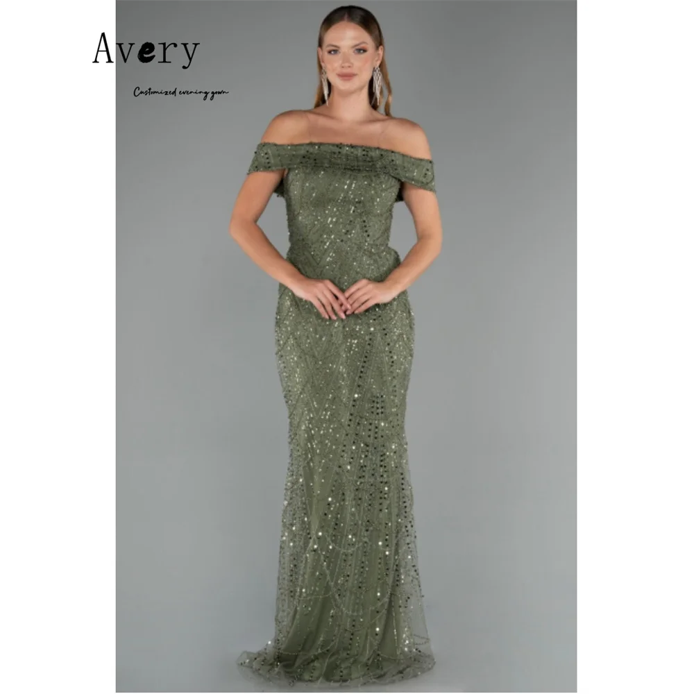 Avery personnalisé queue de poisson vert perlé épaules dénudées longue élégante femme robe de soirée robes de soirée dames invité de mariage femmes