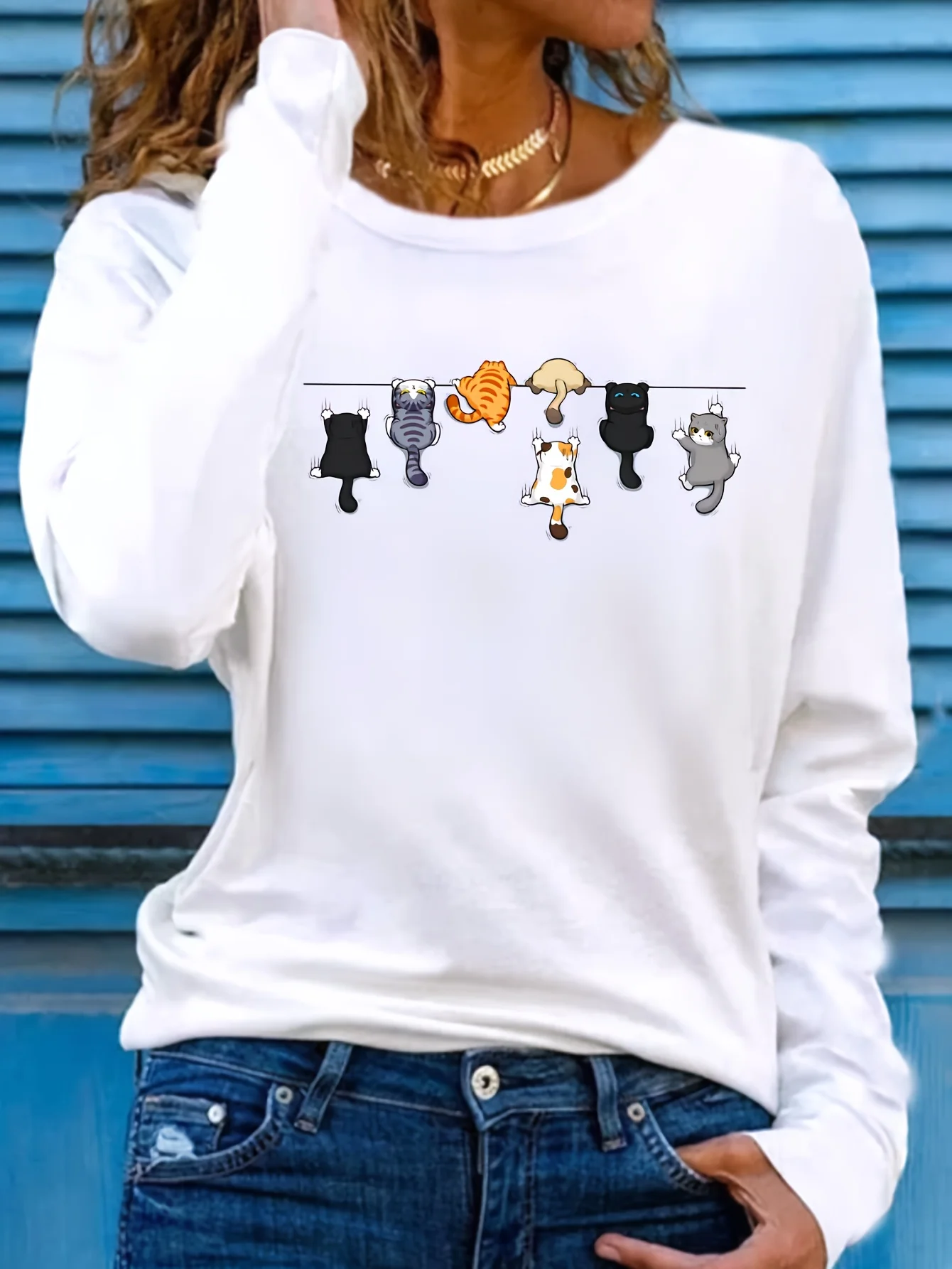 

Women's Spring and Autumn 100% pure cotton fashionable casual loose red lip printed round neck long sleeved T-shirt top