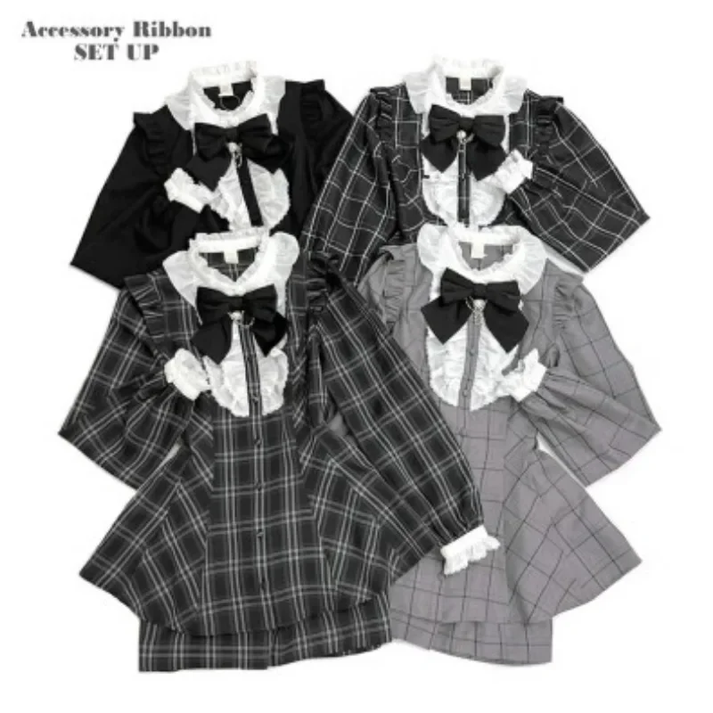 Sweet Outfits SC Suit Japanese Mine Plaid Long Sleeve Shirt Love Heart Bow Tie Chain Mass-Produced Dress and Culottes Set