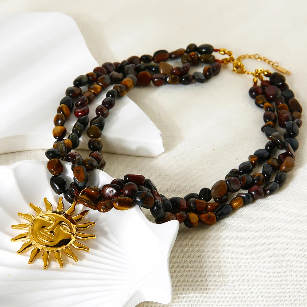 

18K Gold Plated Stainless Steel Sun Pendant Necklace Handmade Natural Stone Beaded Triple Layer Chain Boho Jewelry for Women