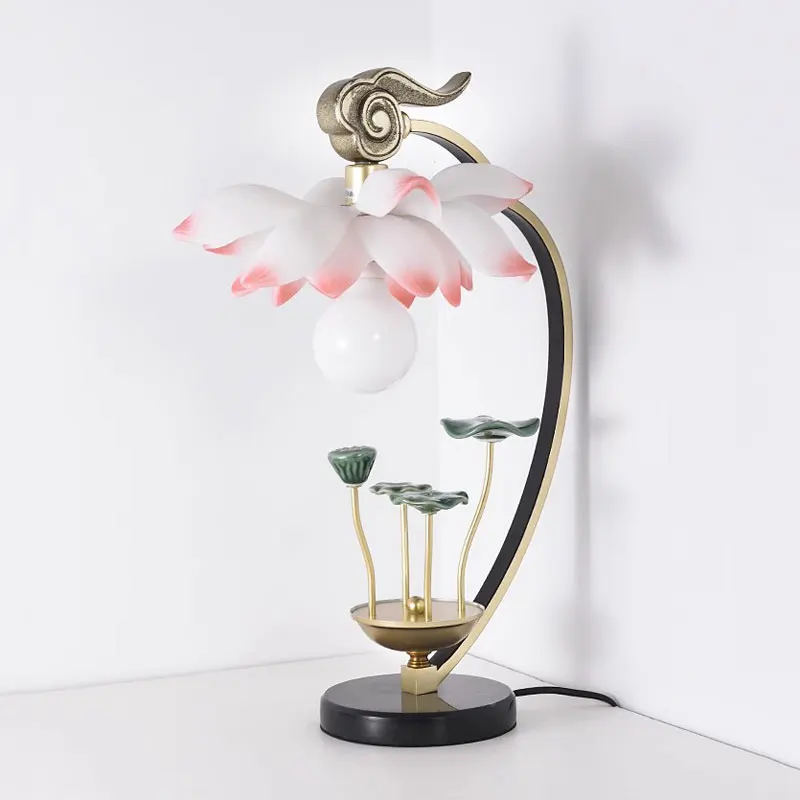 Lotus Decoration Chinese Table Lamp Indoor Household Creative Retro Living Room Hotel Zen Lotus Bedroom Bedside Desk Lamp
