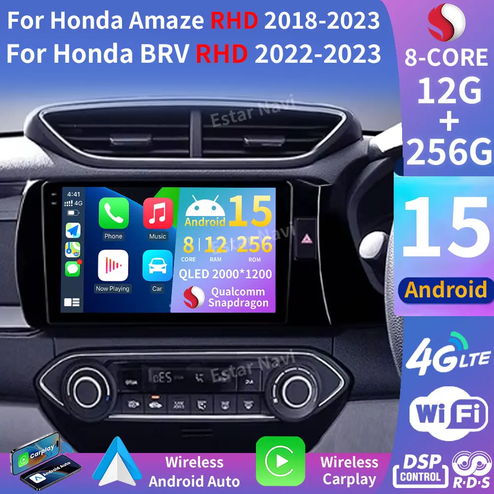 Android 15 Wireless Carplay For Honda Amaze 2018-2023 RHD Stereo Auto Wifi Multimedia Car Radios Video Player 2K QLED 360 Camera