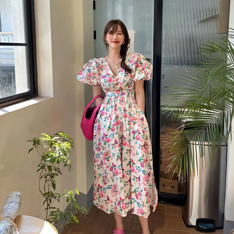 Puff Sleeve Floral Long Dress Women 2024 Summer Korean Chic Waist Slim V-neck Dresses Fairy Lantern Sleeve Gentle Feminine Robe