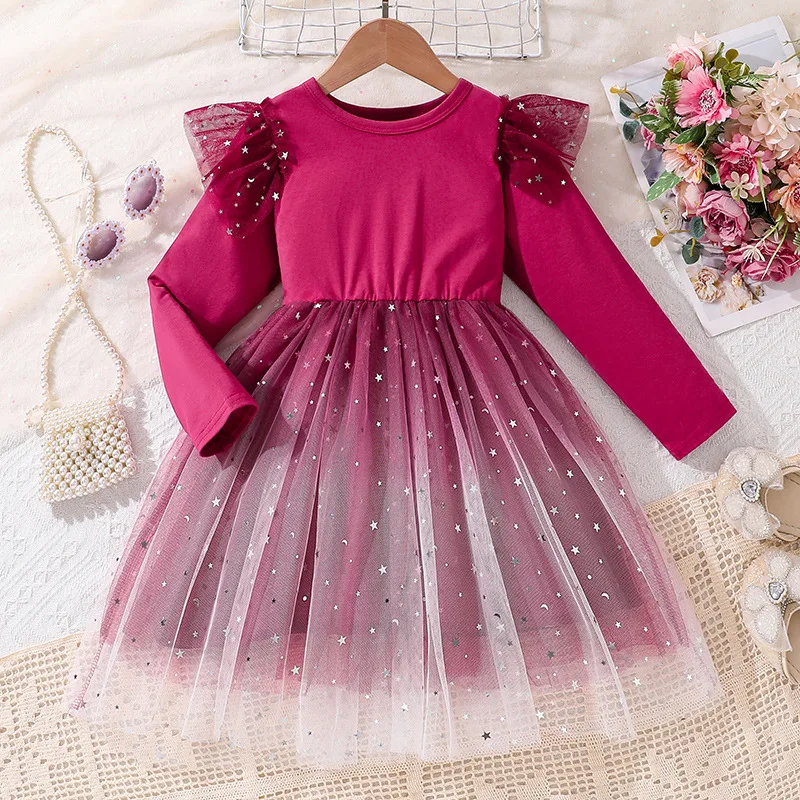 

2024 Winter New Girls Long Sleeve O Neck Ruffles Mesh Spakly Sequins Rose Red Designer Girls Princess Dress Vestido 18M-9T