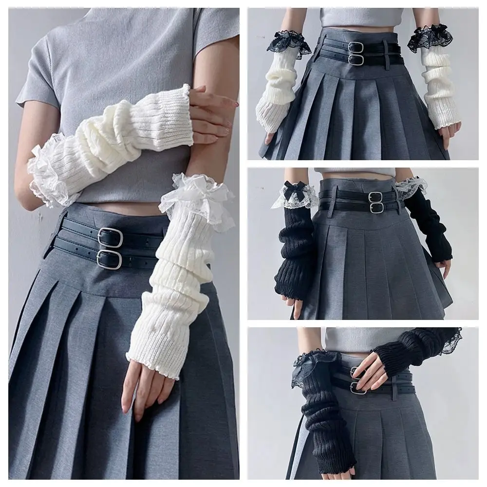 Casual Solid Color Bow Knitted Gloves Gothic Lace Wool Sleeve Cuff Keep Warm Long Fingerless Gloves Winter