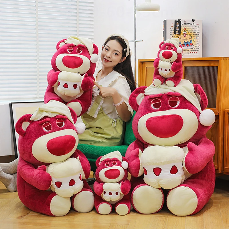 Kawaii ألعاب من نسيج مخملي لطيف الفراولة الدب محشوة دمية الكرتون كعكة تيدي بير قبعة النوم محبوب وسادة هدية للأطفال عيد ميلاد