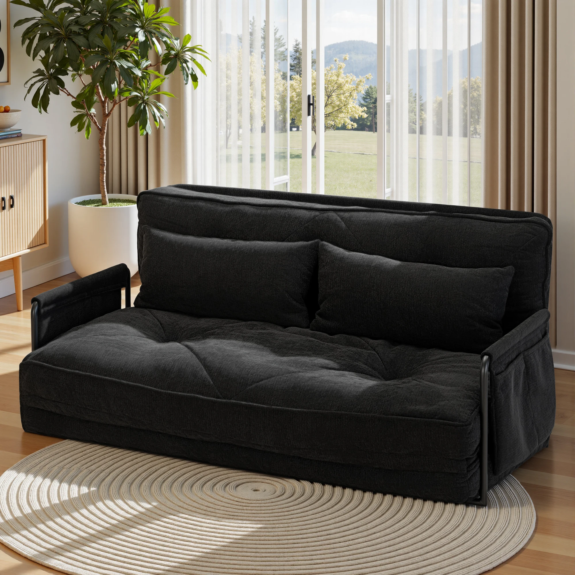 Factory Direct 2026 2 Seater 4-in-1 Convertible Floor Sofa Bed, 5 Adjustable Positions Fold Out Sleeper Couch with Armrest Side