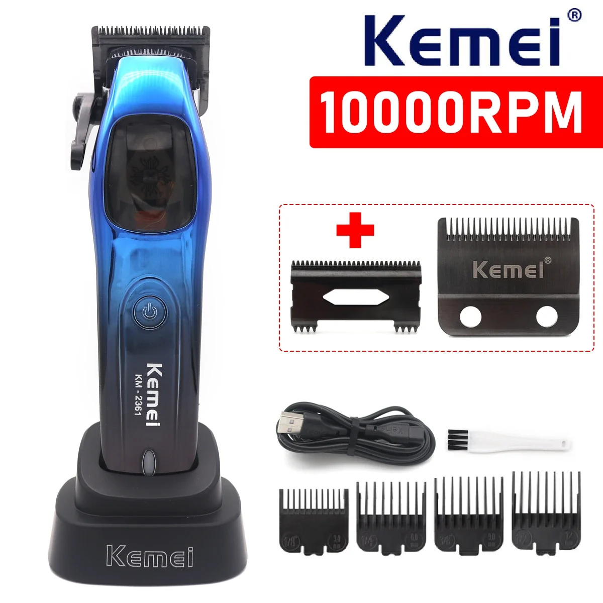 10000RPM Kemei 2361 Professional Men's Hair Clipper Magnetic Motor DLC Blade with Base Charger Hair Trimmer Hair Cutting Machine