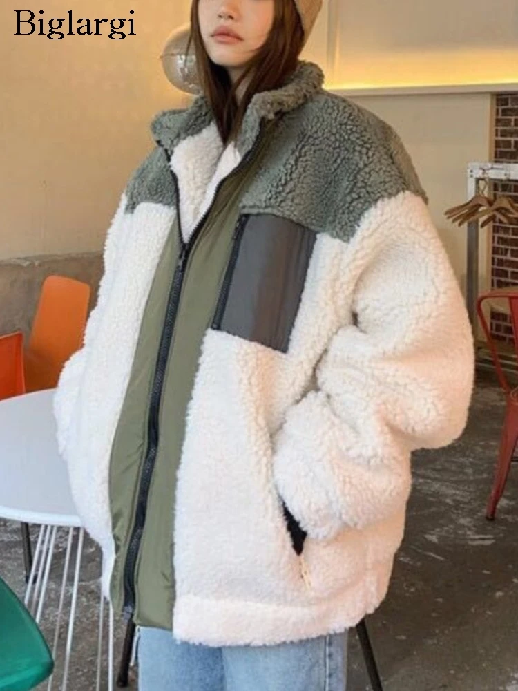 

Осенне-зимнее пальто из овечьей шерсти, женские лоскутные модные куртки в корейском стиле, повседневные свободные женские пальто с длинными рукавами