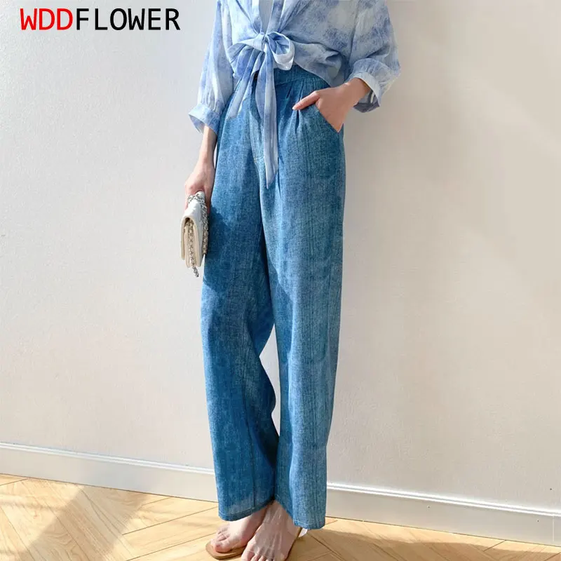 Women Pants 100% Mulberry Crepe Silk 16 momme Blue Jeans Printed Pocket Wide Leg Fashion Long Trousers Elastic Waist MM858