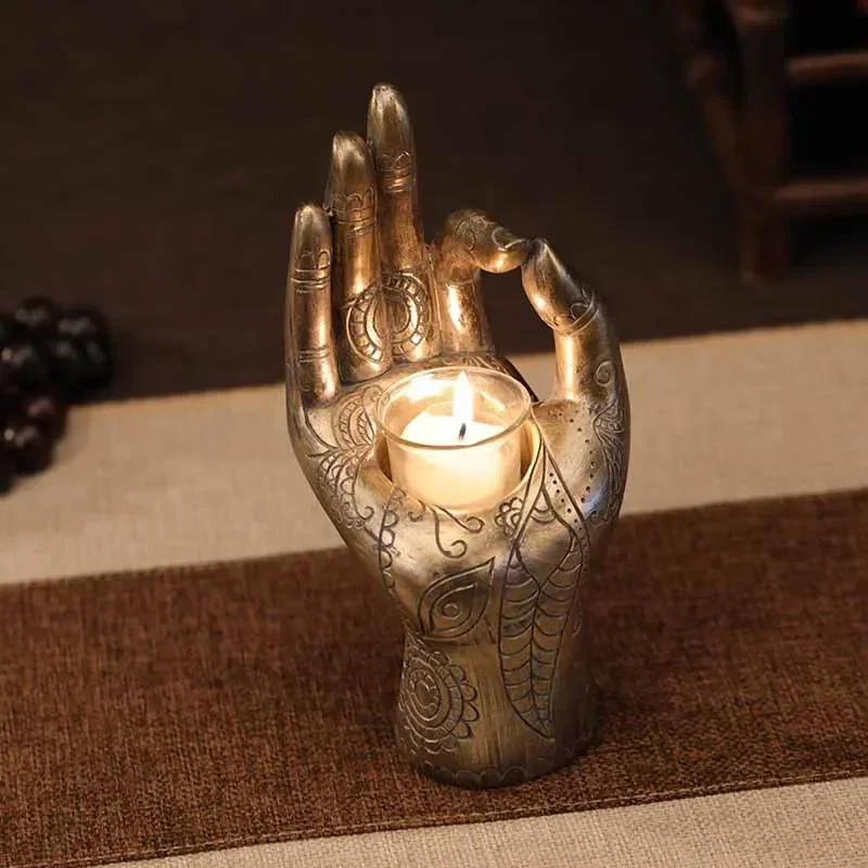 Candle Holder Buddha's-Hand Shaped Resin Candlestick Desktop Decor Decorative Artware for Home Shops Bronze/Golden