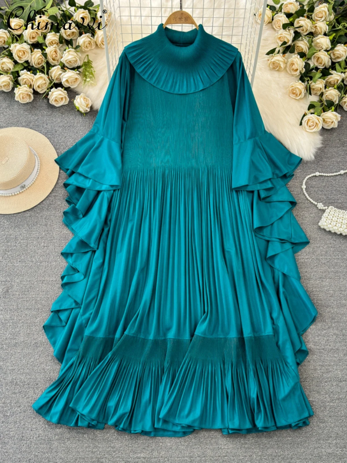 

Elegant Fashionable Solid Color round Neck Flying Long Sleeve Ruffled Pleated Loose Casual A- line Long Evening Dress for Women