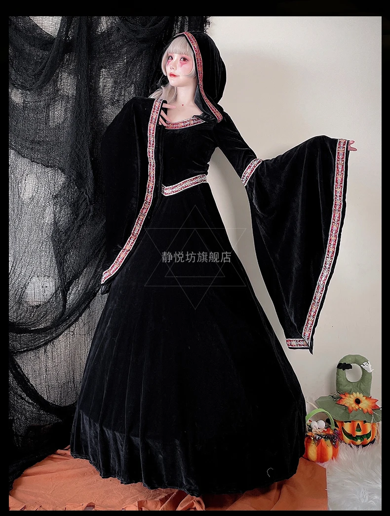 Medieval Victorian Dress For Women Steampunk Flare Sleeve Witch Robe  Cosplay Gothic Costume Wine Red Hood Long Dress Vestidos - AliExpress, image size:790x1044