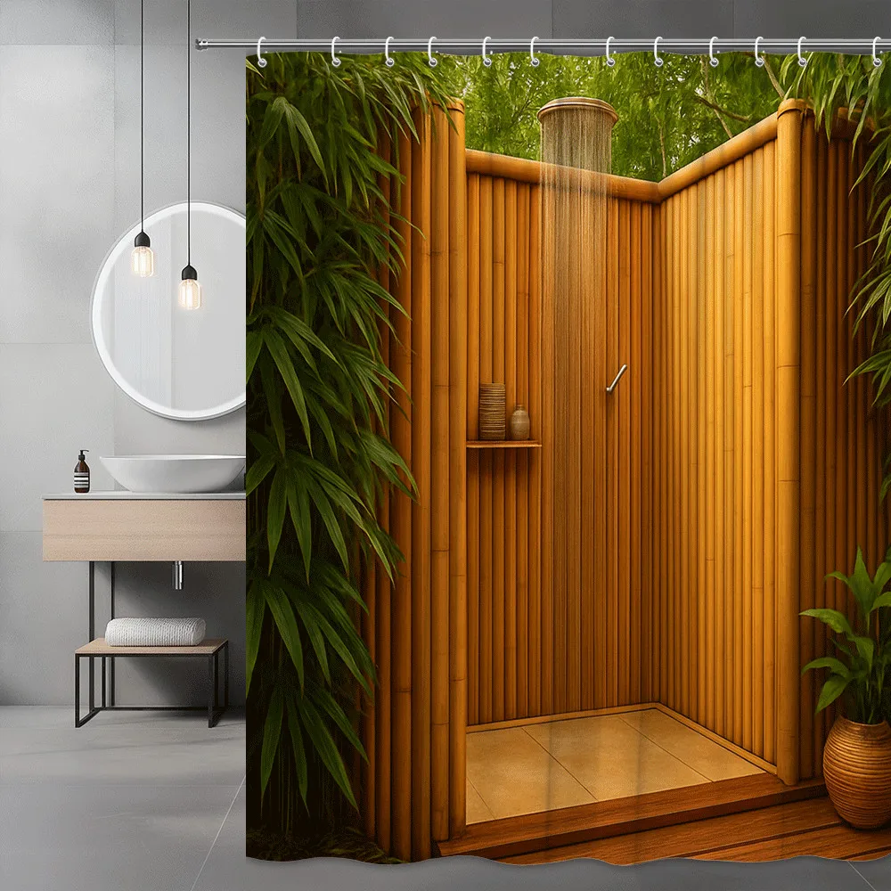 Zen Bamboo Shower Curtain Outdoor Spa Scene Green Leaves Wooden Wall Design Waterproof Easy to Install Elevate Your Space