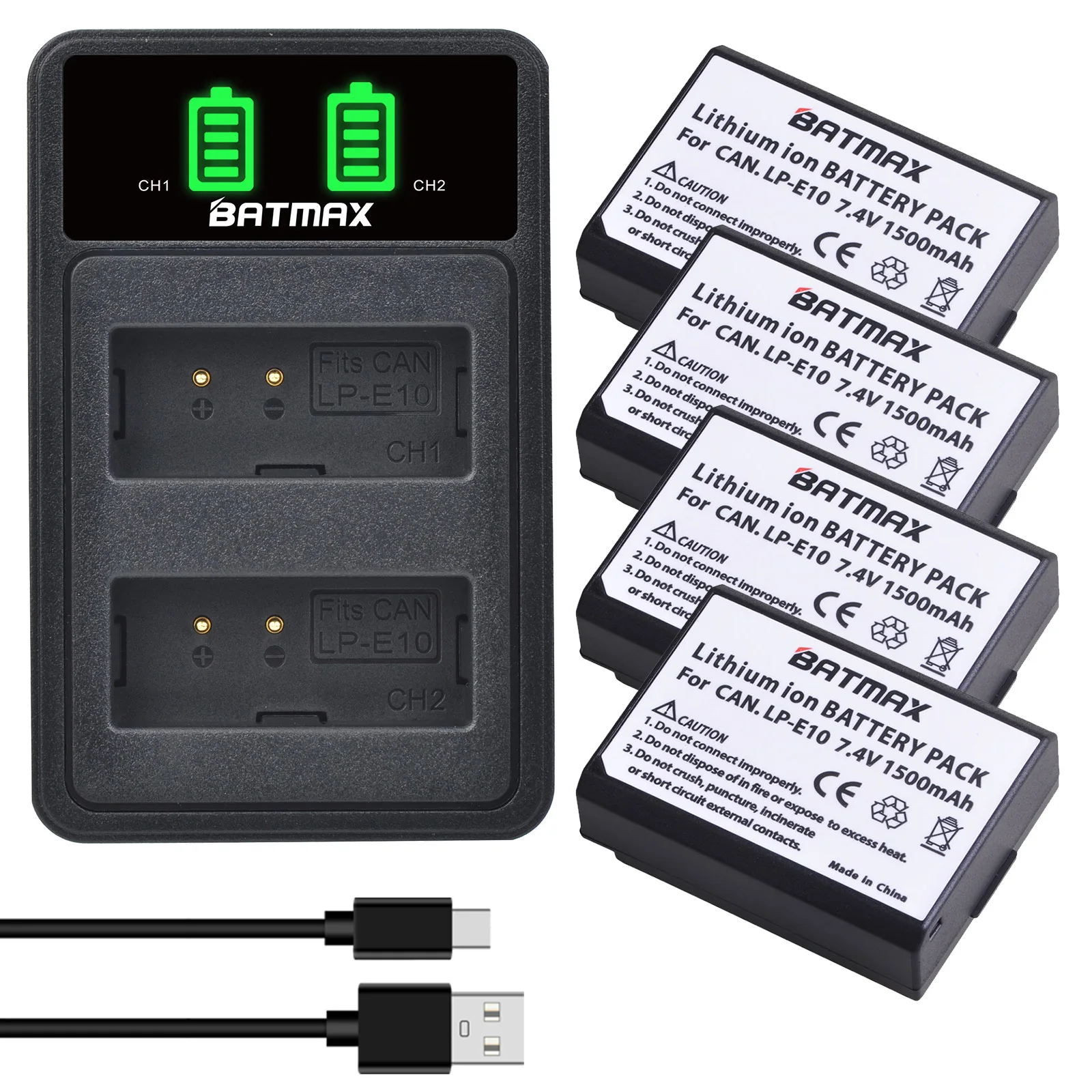 Batmax 1500mAh LP-E10 LPE10 + Charger with Type C Port for Canon EOS Rebel T3 T6 T7 T100 Kiss X50 X80 X90 1500D 3000D 4000D Came