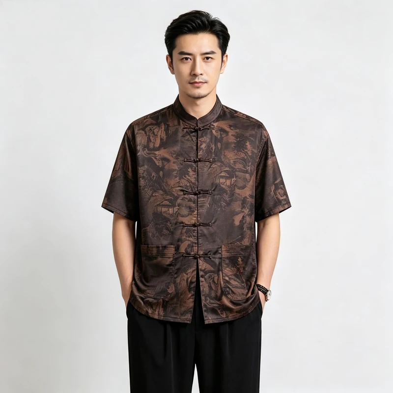 Short Sleeve Shirt & Pants Men's Chinese Landscape Print Tang Suit Set Vintage Mandarin Collar Frog Button Summer Lounge Wear