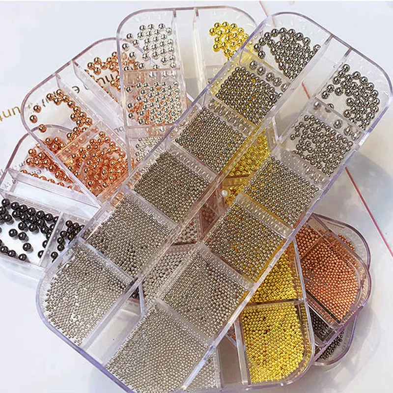 12 Siatka Koraliki 3D Złote/Srebrne Mikro Stalowe Kulki do Paznokci 0.8-3.0mm Mini Metalowe Koraliki Kulki Stalowe Mikro Kaviar Złote Srebrne Koraliki