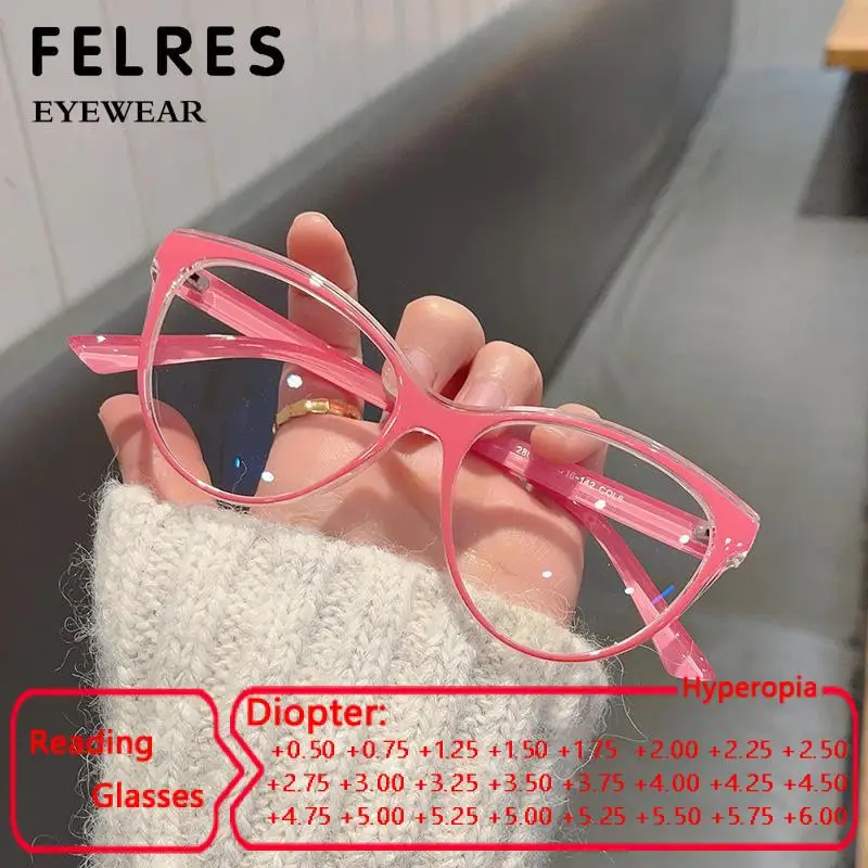 Anti Blue Light Reading Glasses For Women Men Retro Simplicity Cat Eye Clear Pink Computer Glasses Ultralight Hyperopia Eyewear