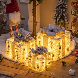 Christmas Glow Gift Box 3pcs/set Merry Christmas Iron Ornament 30LED Light Flocking Gift Box Xmas Home Tree Party Decroation