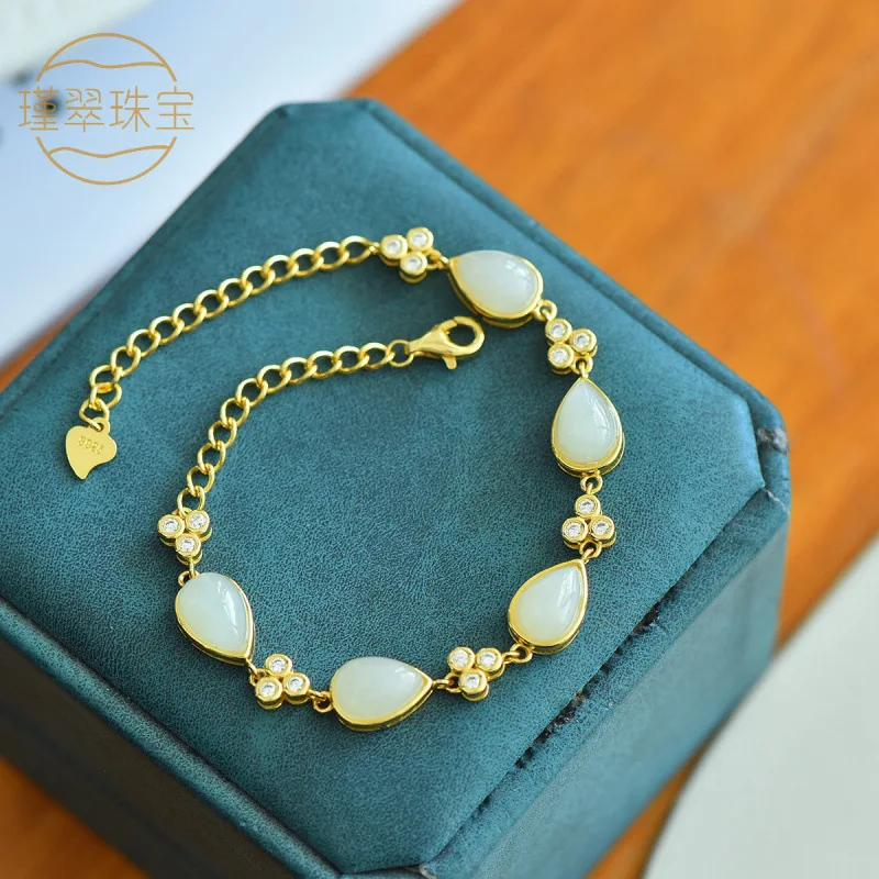 Handmade S925 Silver Inlaid With Hetian White Drop Bracelet, New Vintage Style Women'S Jade Pendant