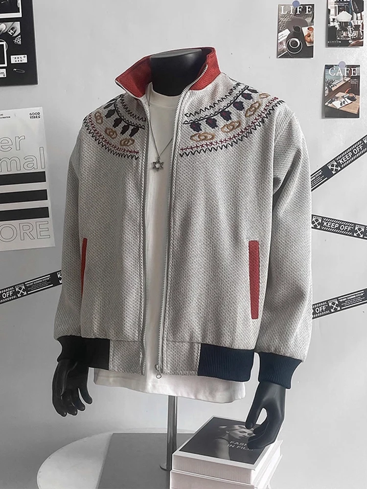 

Casual Loose Fit Stand Collar Embroidered Color Blo Men's Jaet Autumn Trendy Versatile Youth Sle Zipper Closure Top