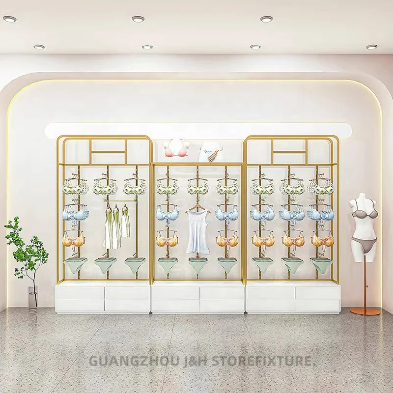 

Customized. Luxury Lingerie Shop Interior Design Golden Bra Display Stand Underwear Cabinet Rack Lingerie Store Display Furnitur