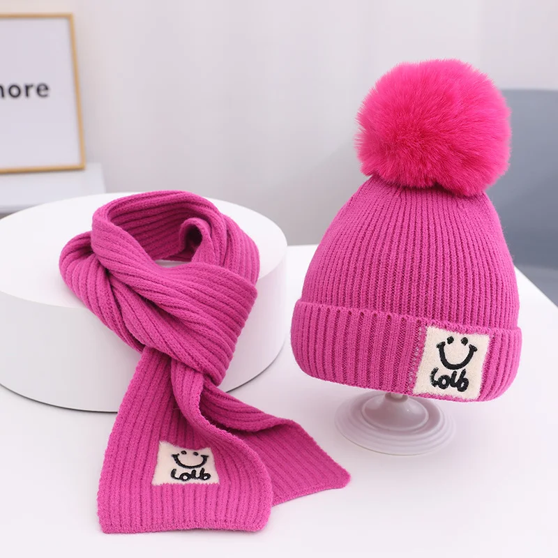 Winter girls kid thick warm beanies cap scarf two pcs set boys faux pompoms Smiling face embroidery elastic knnit hat baby cap