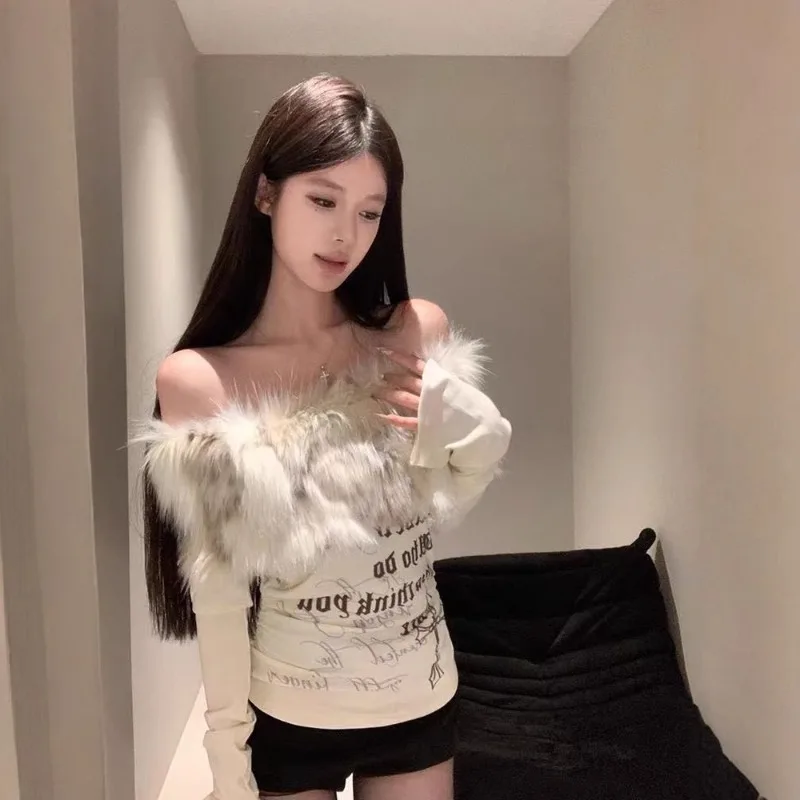 

Тонкие футболки с пушистым лоскутным буквенным принтом, женские модные сексуальные футболки с разрезом на шее, с открытыми плечами и длинными рукавами Y2K, повседневные уличные футболки, топ