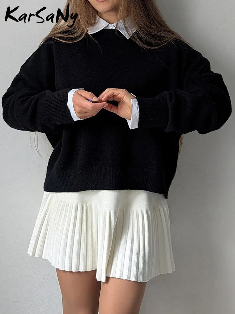 Women's Oversized Black Cropped Knit Sweater for Fall