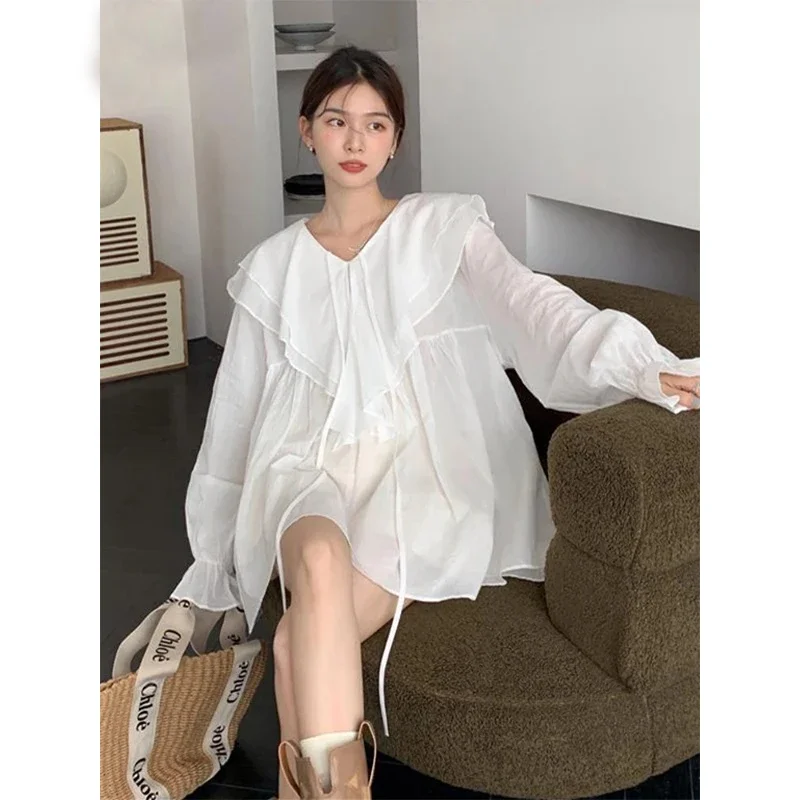

Vintage Sweet Ruffles Shirts Women 4Xl White Elegant Oversize Sun-Proof Blouses Korean Cute Flare Sleeve Loose Casual Tops