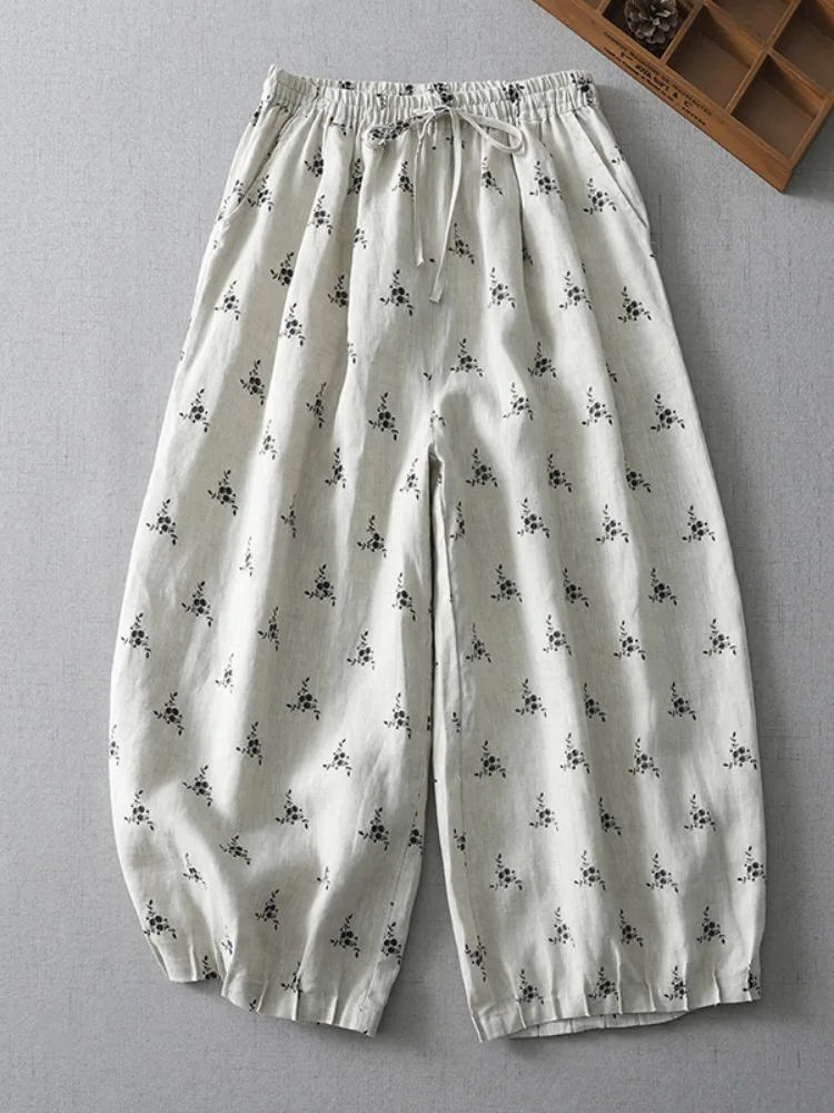 면 린넨 와이드 레그 랜턴 팬츠 여성 여름 밴딩 허리 살 커버 슬림핏 젊은 캐주얼 린넨 나인 포인트 팬츠