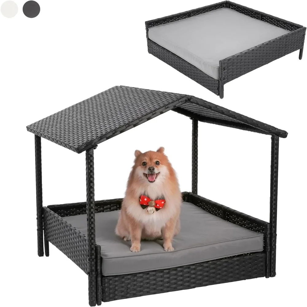 

Outdoor Dog House- 2 in 1 Wicker Dog House with Canopy- Rattan Dog Bed Removable Cushion &2 Covers- Rattan Puppy Shelter w/Eleva
